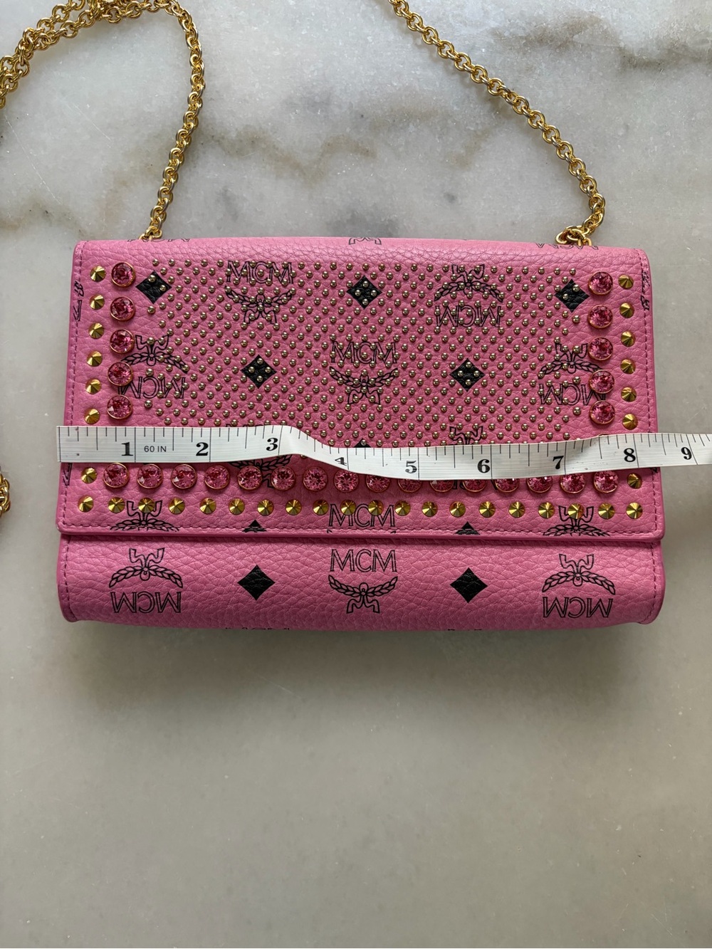 MCM Pink Rhinestone & Gold-Studded Leather Chain Crossbody WOC - Picture 11 of 13